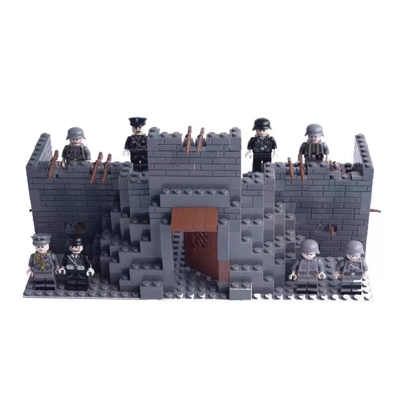 乐高教育二战德军事武器人仔废墟阵地场景基地城墙碉堡积木玩具男