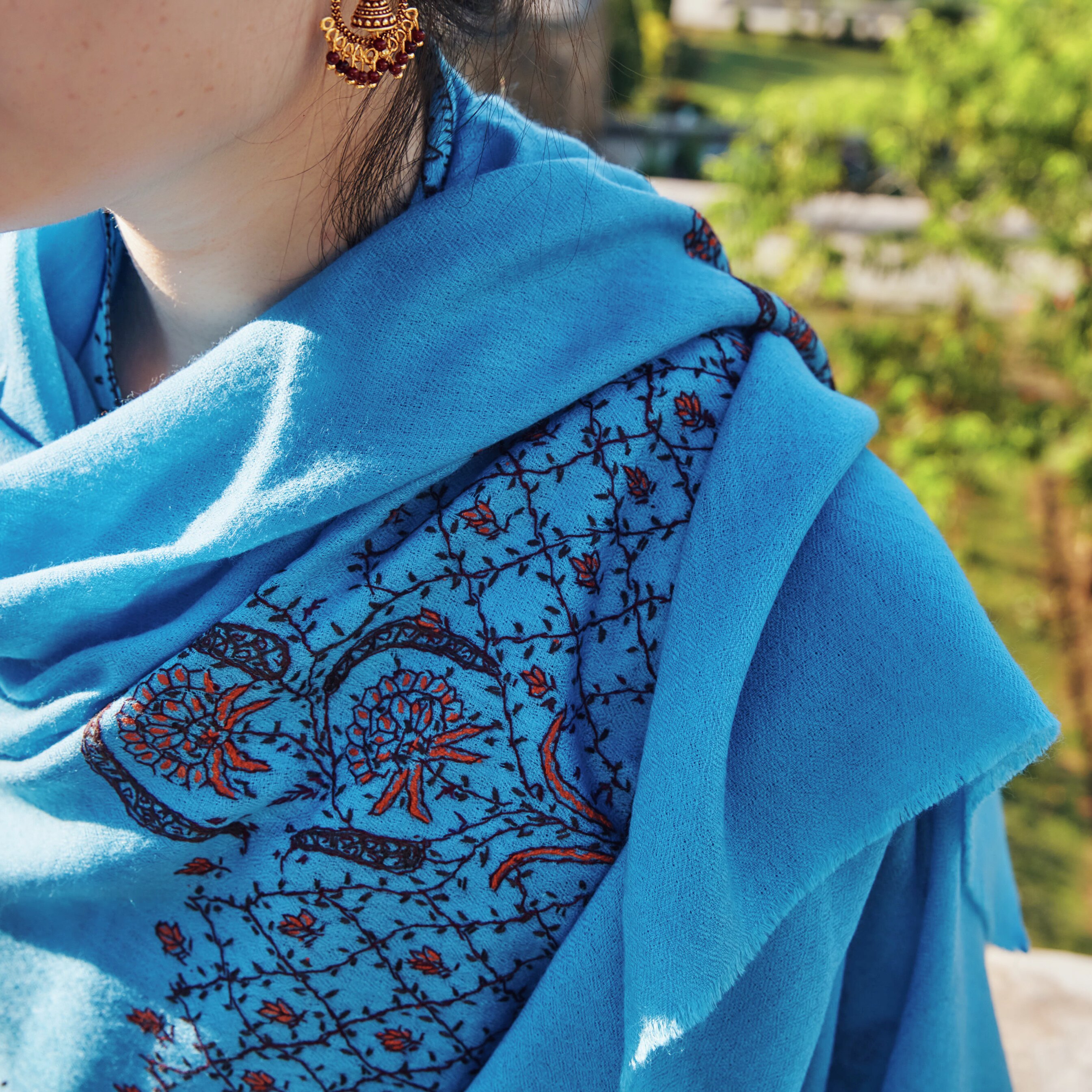 克什米尔手工半绣刺绣民族风山羊绒围巾披肩小版女 - 帕瑞玛哈