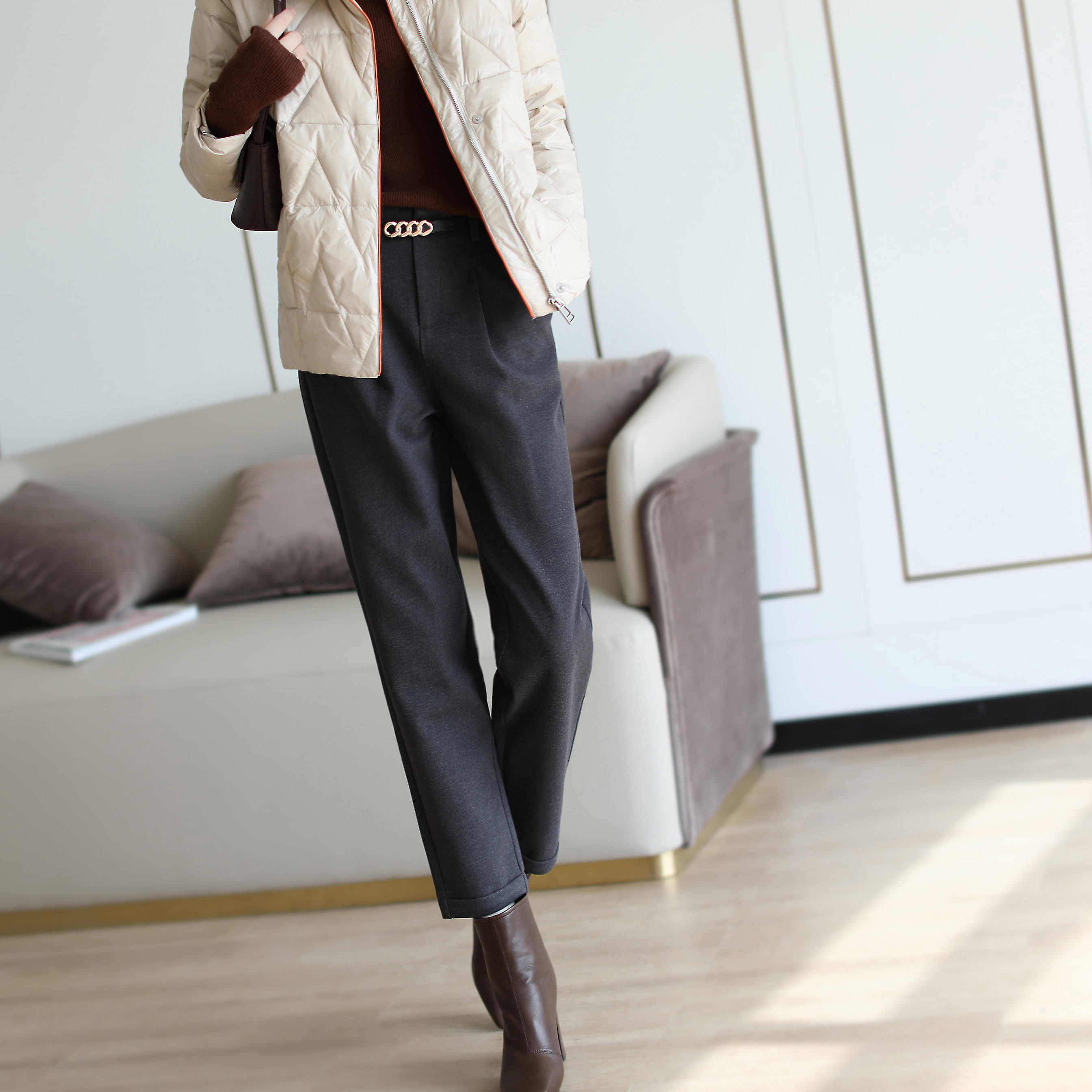 joey家,2020秋冬女装新款,立裁高腰休闲西裤九分烟管裤 腰带女