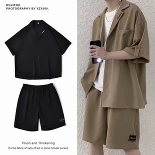 2023港风夏季韩版运动套装男生宽松T恤学生短袖简约五分裤高级感