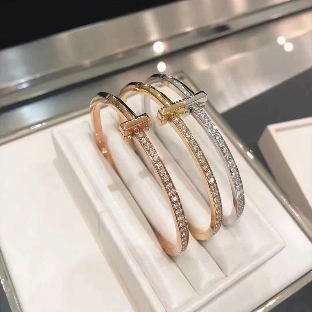 18k玫瑰金t1手镯镶钻t家双t半钻窄版手环白金高级感时尚简约镯子