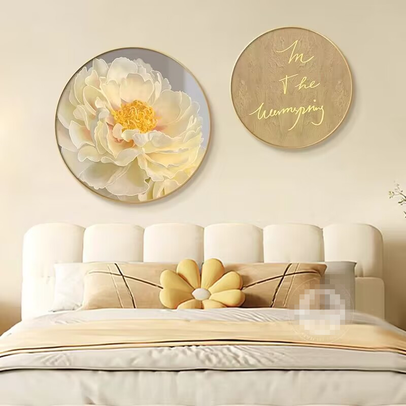 奶油风卧室装饰画高级感牡丹花床头挂画主卧墙面花卉圆形背景壁画
