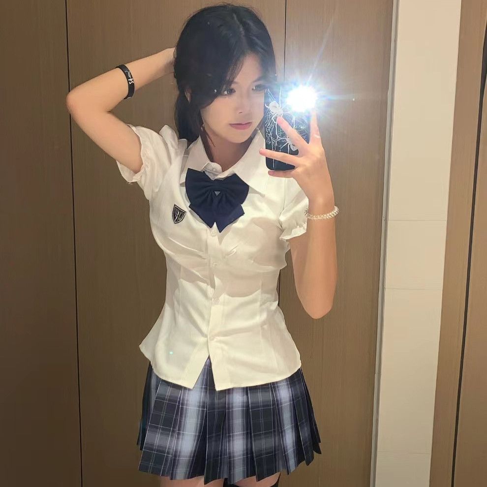 甜辣收腰纯欲风jk原创制服衬衫女学生绑带泡泡袖夏季百搭修身衬衣