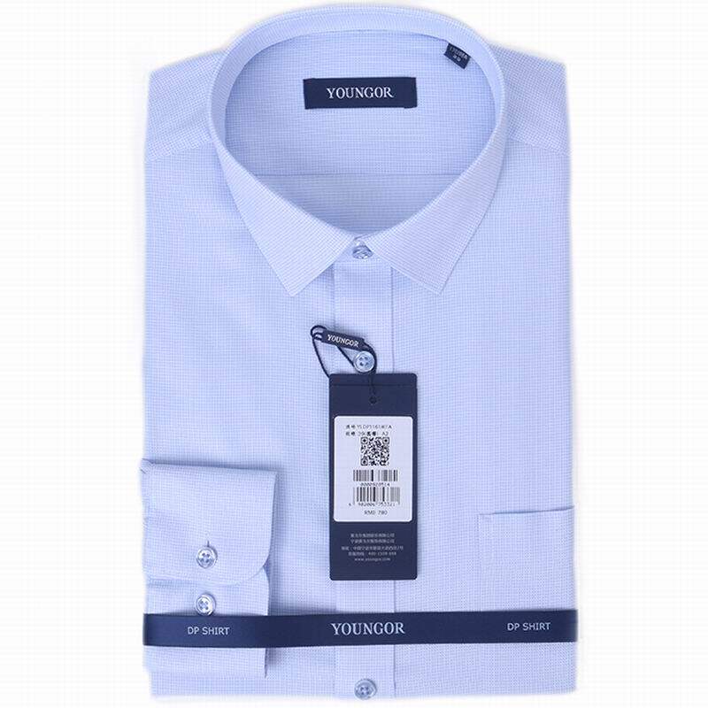 雅戈尔长袖衬衫男dp纯棉免烫方领蓝色细格子青年商务正装包邮