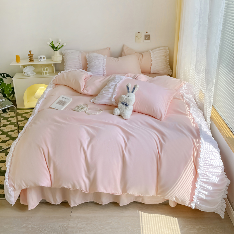 韩版公主风纯色四件套花边双人水洗棉床单被套床裙全100床上用品4