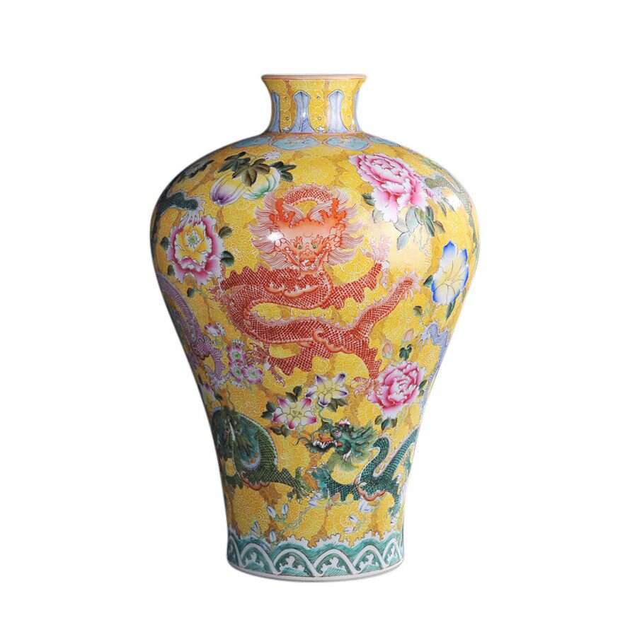 【直供】 宫廷帝王黄扎道龙纹梅瓶 江西省工艺美术师作品