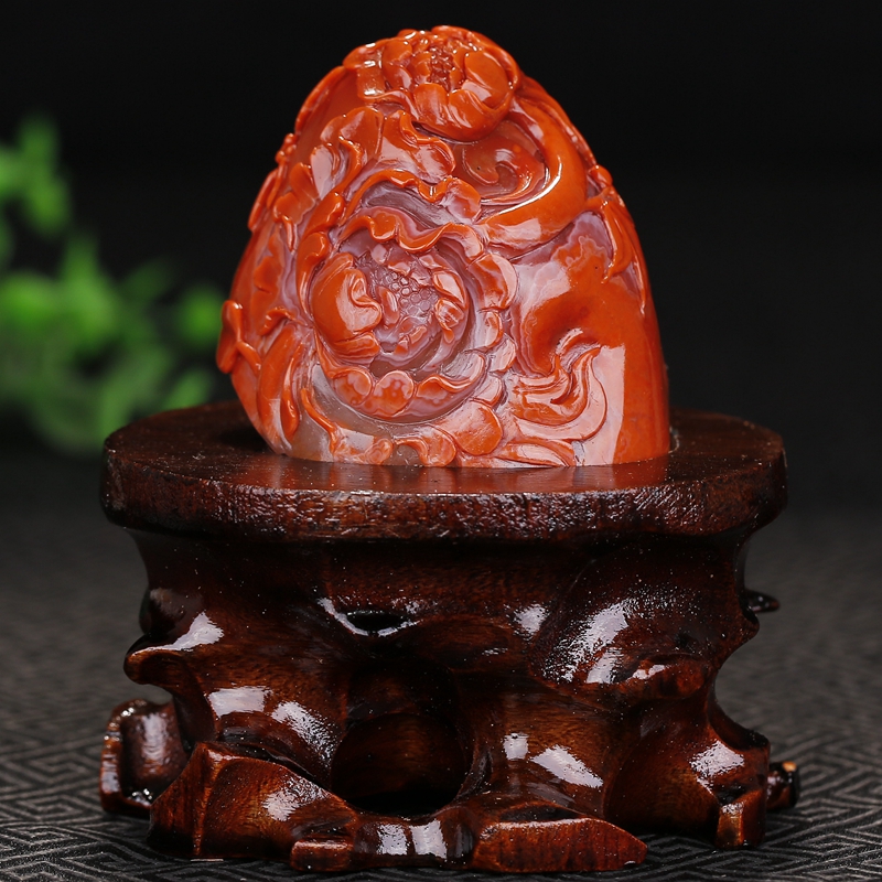 【143.15克】精品精雕 南红玛瑙 花开富贵 摆件