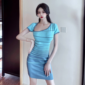 Slant neck stripe buttock wrapped medium length knitted dress (women's summer)