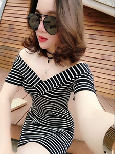 Deep V-neck stripe travel versatile temperament Hip Wrap Dress