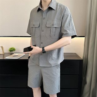 短袖衬衫男夏季冰丝薄款搭配一套衬衣潮牌痞工装外套休闲短裤套装
