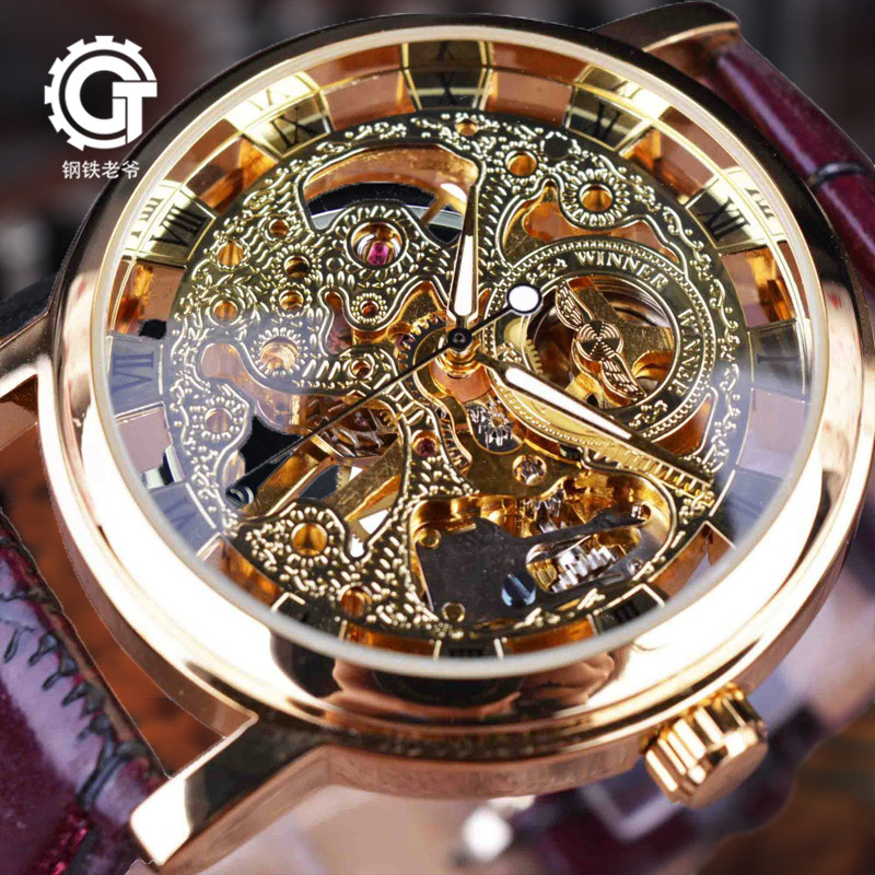钢铁老爷蒸汽朋克手表男机械表双面镂空全透明经典复古真皮情侣表