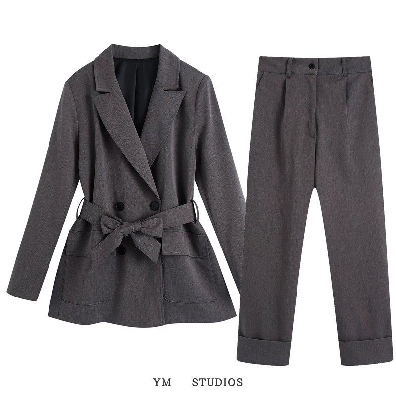 欧美女装   西服套装女款秋季时尚高级灰配腰带西装 卷边职业西裤