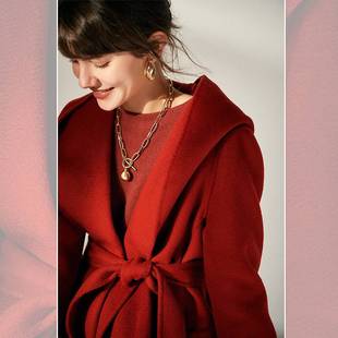 双面羊绒大衣女2023秋冬新款红色修身中长款小个子连帽羊毛呢外套