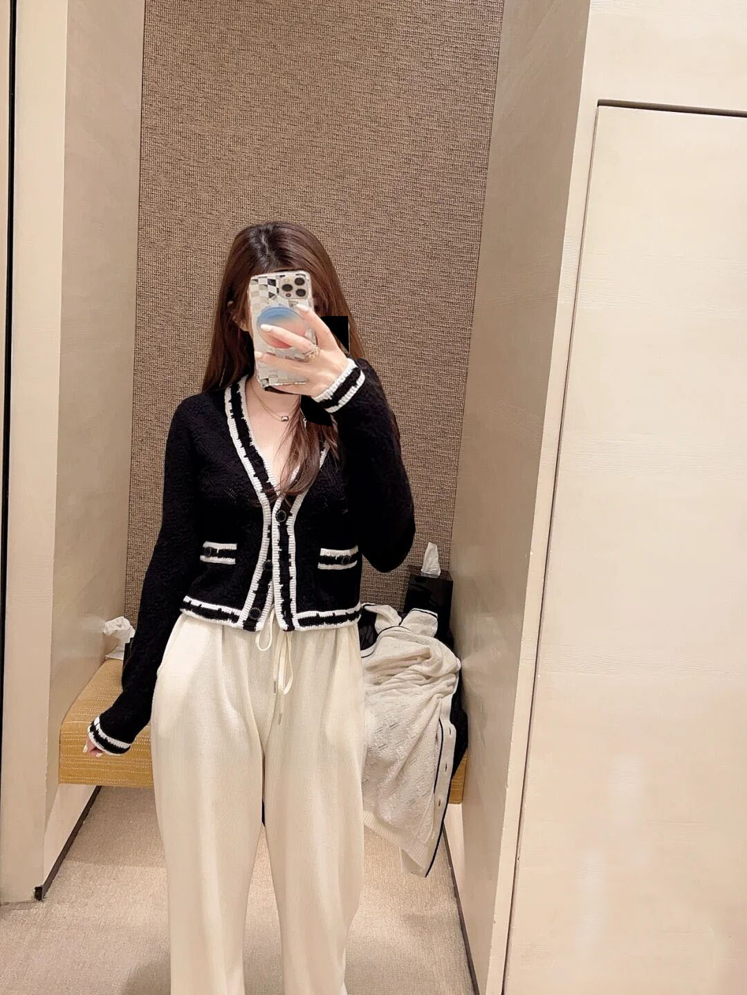 jennie金智妮2022春秋新品小香风撞色格纹镂空毛衣开衫针织外套