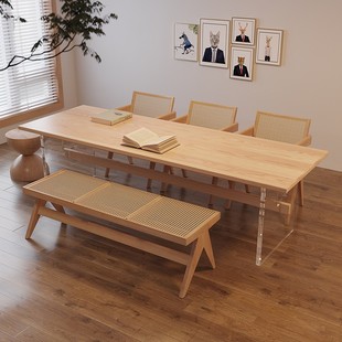 北欧亚克力悬浮家用餐桌实木白蜡木大板桌长方形工作台网红茶书桌