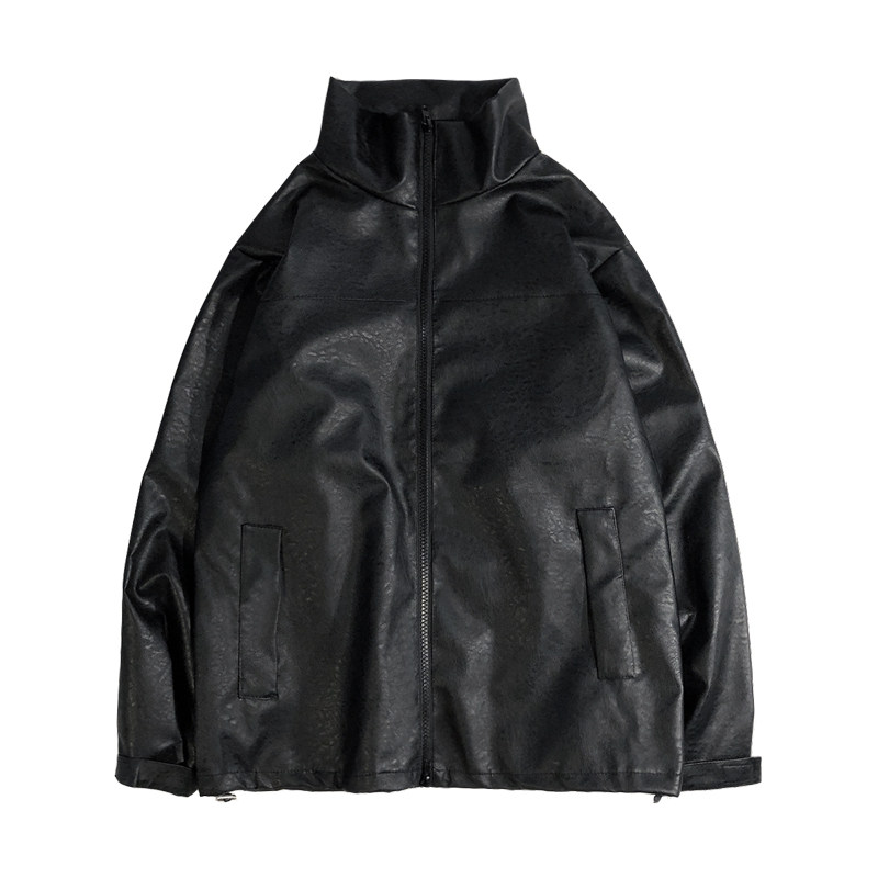 pu皮衣服夹克男加肥加大码潮牌胖子宽松立领外套春装白色韩版简约