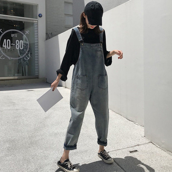 春秋减龄牛仔背带裤女学生韩版宽松显高显瘦九分裤小个子工装裤子