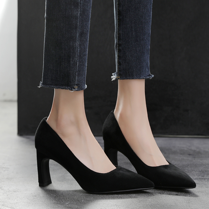 大码女鞋41一43胖脚加肥职业工鞋女黑色秋粗跟气质面试宽脚高跟鞋