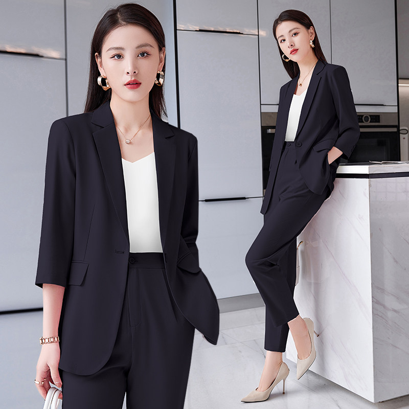 黑色西装外套女七分袖夏季新款高级感职业工作服薄款气质西服套装