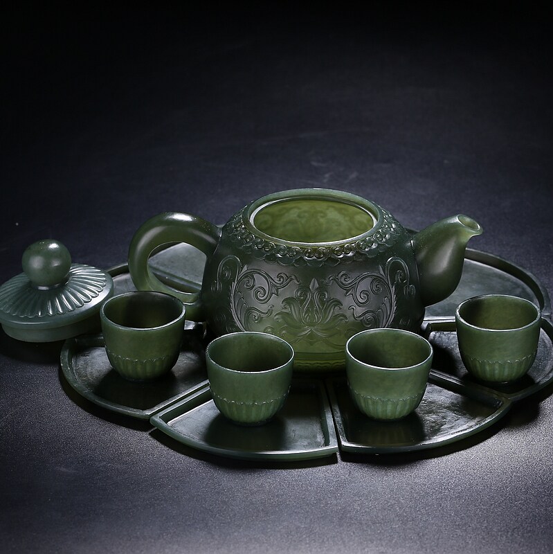 【省级玉雕大师王朝安作品】和田玉青玉功夫茶具359.66g