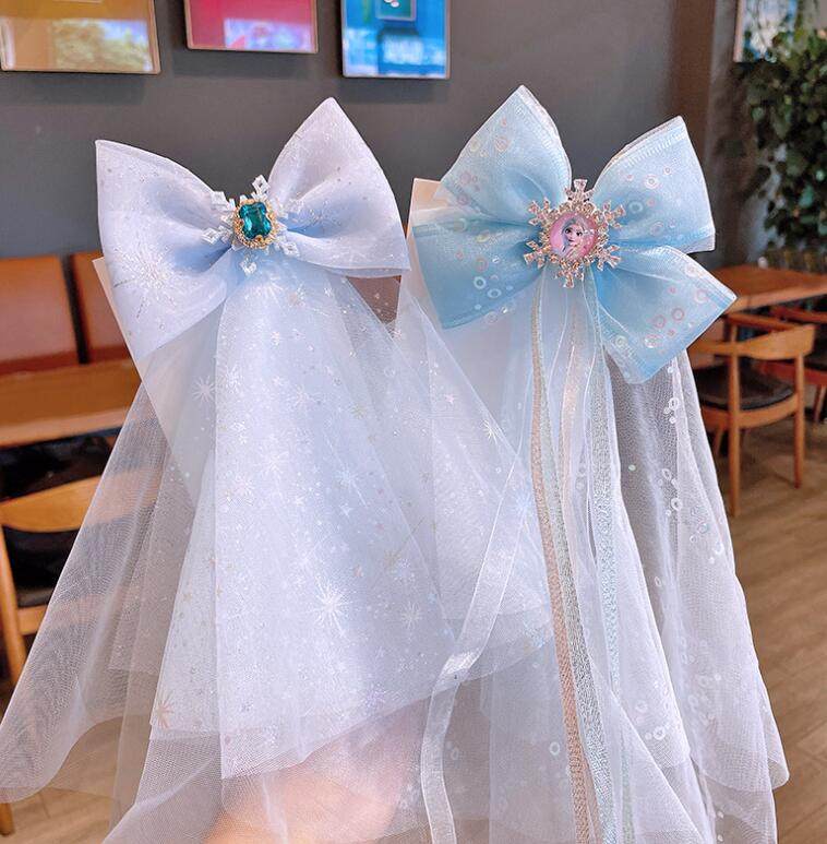 儿童蝴蝶结冰雪公主短款头纱发夹子蓝色网纱披纱发箍女孩女童发卡