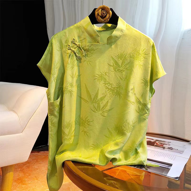 新中式国风盘扣雪纺衬衫早春夏季绿色复古改良提花立领短袖上衣女