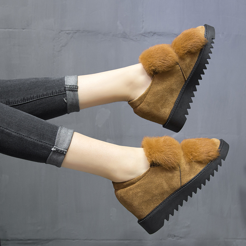 秋鼕季兔毛內增高女鞋平底毛毛鞋低幫雪地鞋豆豆鞋厚底加絨女棉鞋