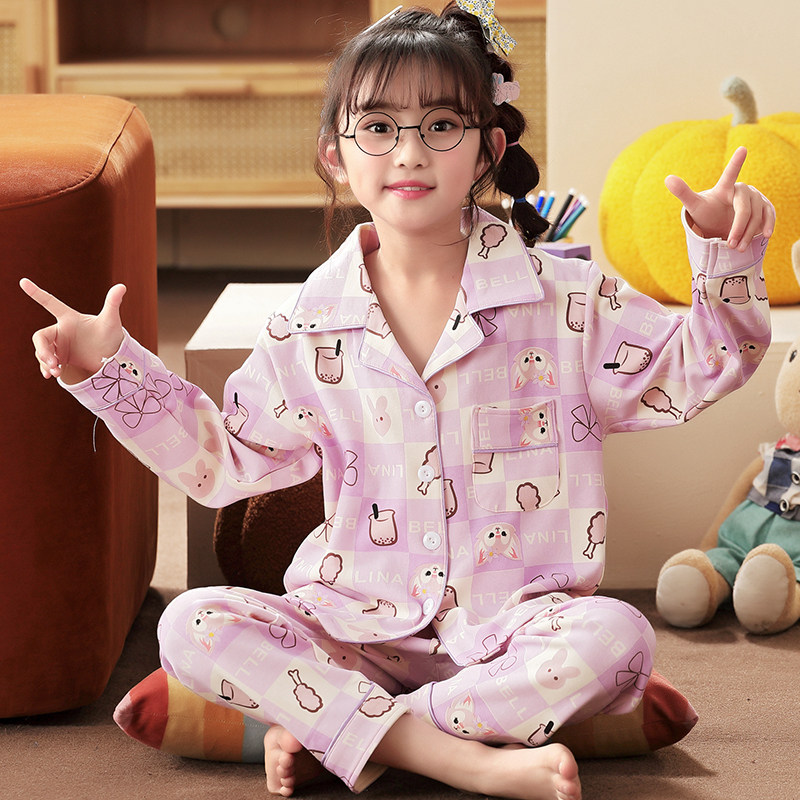 春秋季儿童睡衣长袖长裤女童家居服女孩薄款中童卡通玲娜贝儿套装