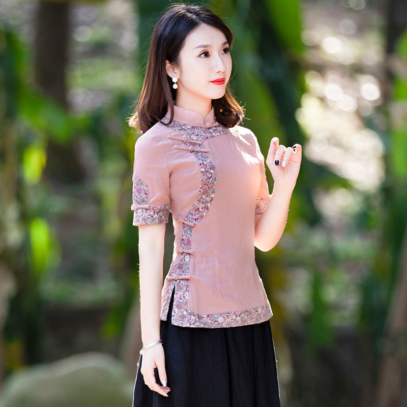 棉麻上衣女唐装中国风复古风改良短袖古装汉服套装两件套女装夏