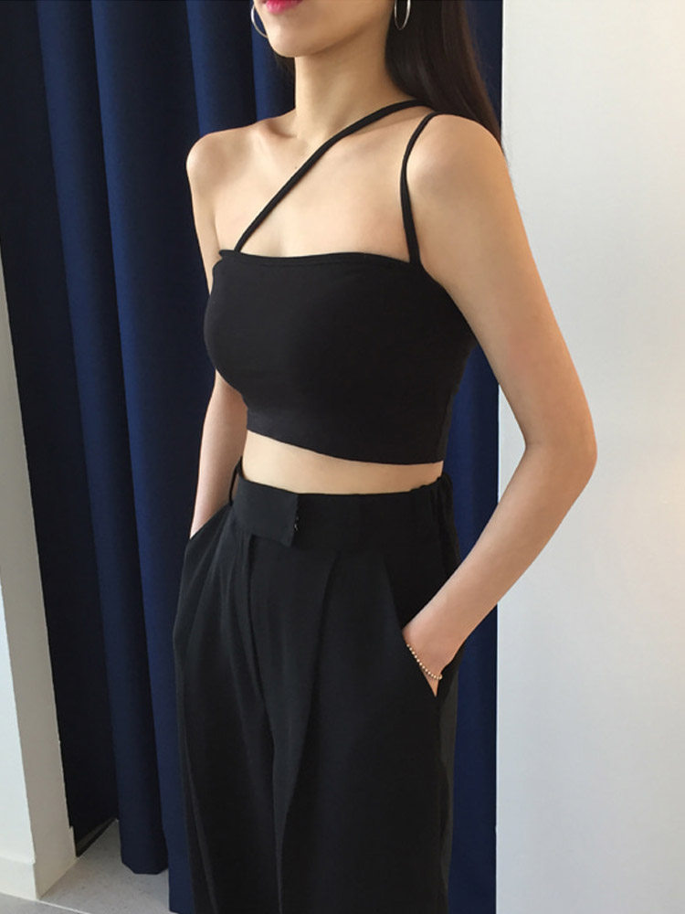 春夏弹力一字领抹胸不规则斜肩细吊带设计裹胸短款叠穿背心上衣女