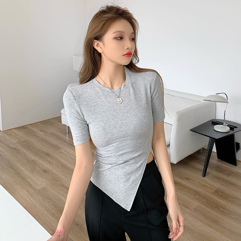 不规则短袖侧开叉t恤女夏季洋气修身显瘦高腰漏腰上衣ins打底衫潮