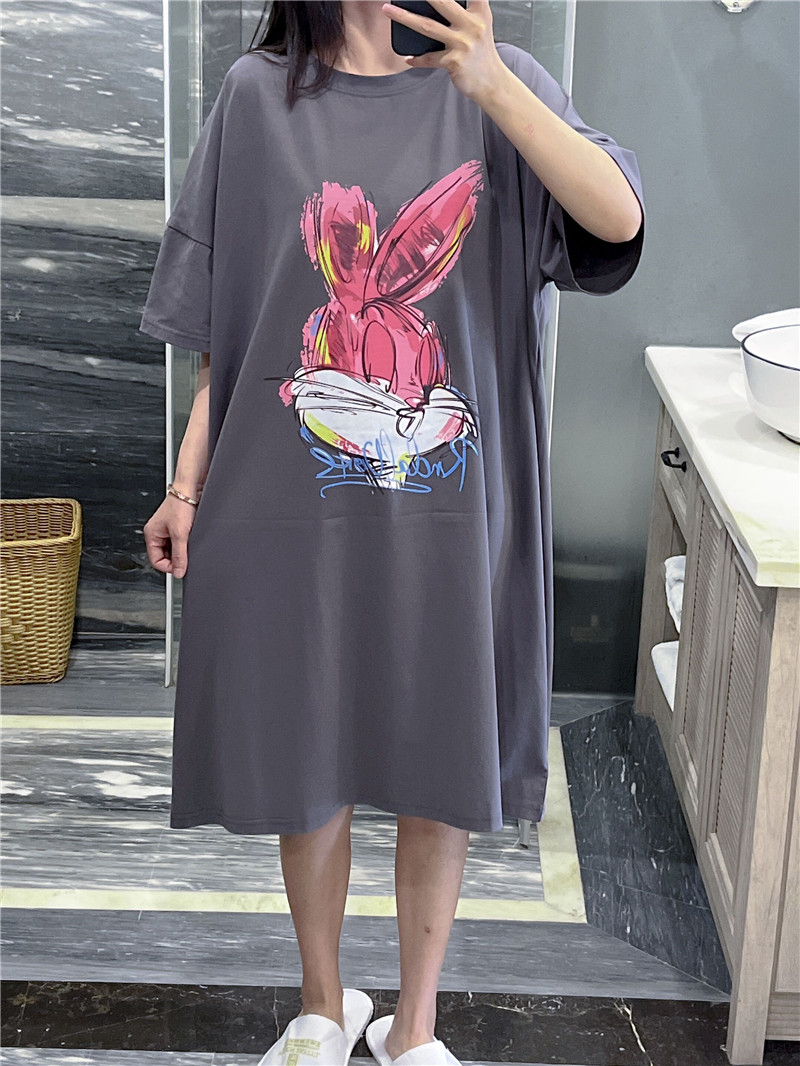 日系短袖睡裙女夏薄款纯棉卡通手绘兔