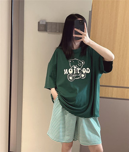 短袖睡衣女夏天薄款针织棉可爱小熊印花家居服大码胖mm200斤套装