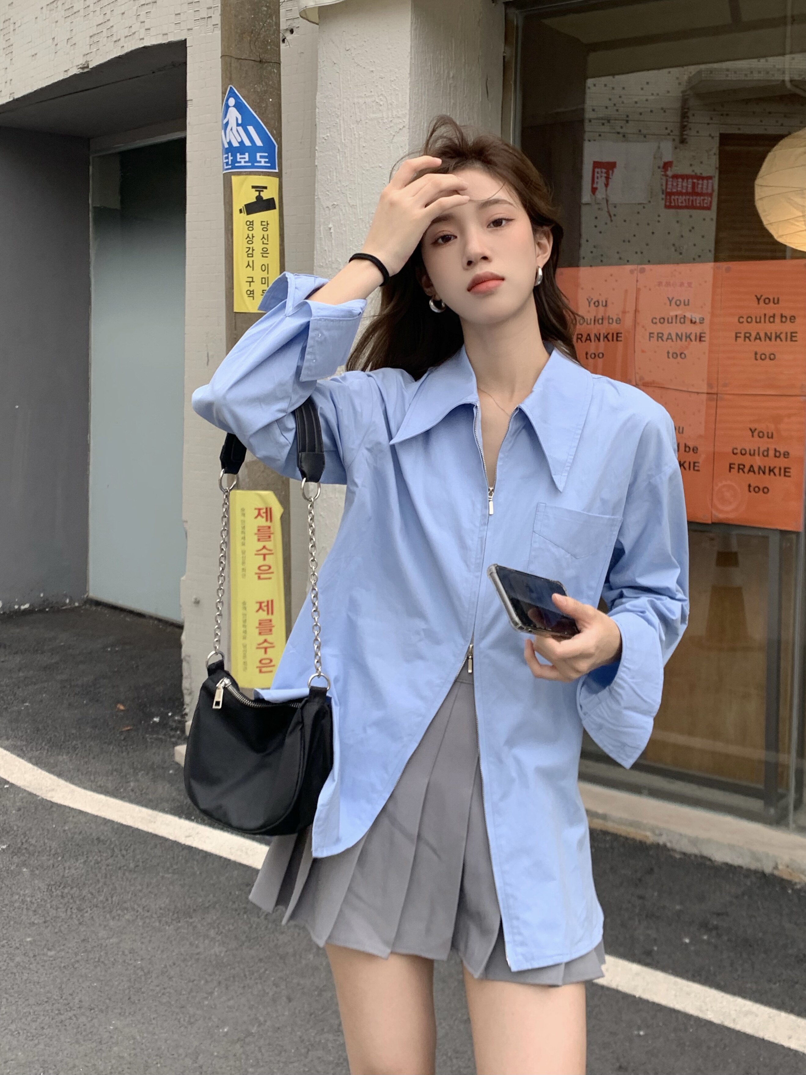 拉链衬衫女设计感小众高级感长袖chic上衣复古蓝色衬衣