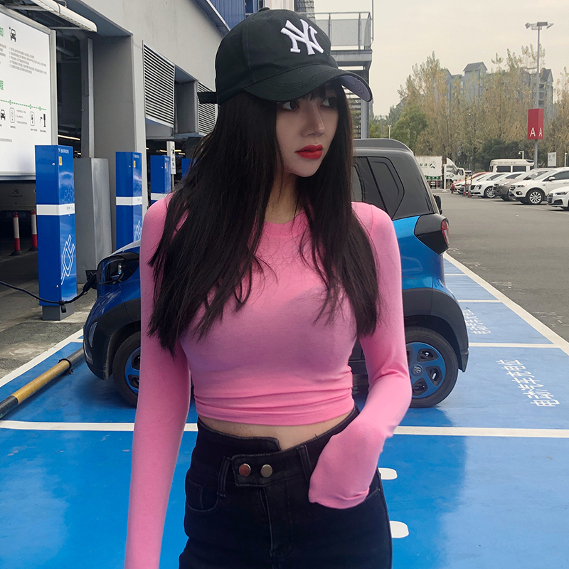 白色打底衫短款冬_露晓卡纯色打底衫女秋冬新款ins多色性感弹力修身