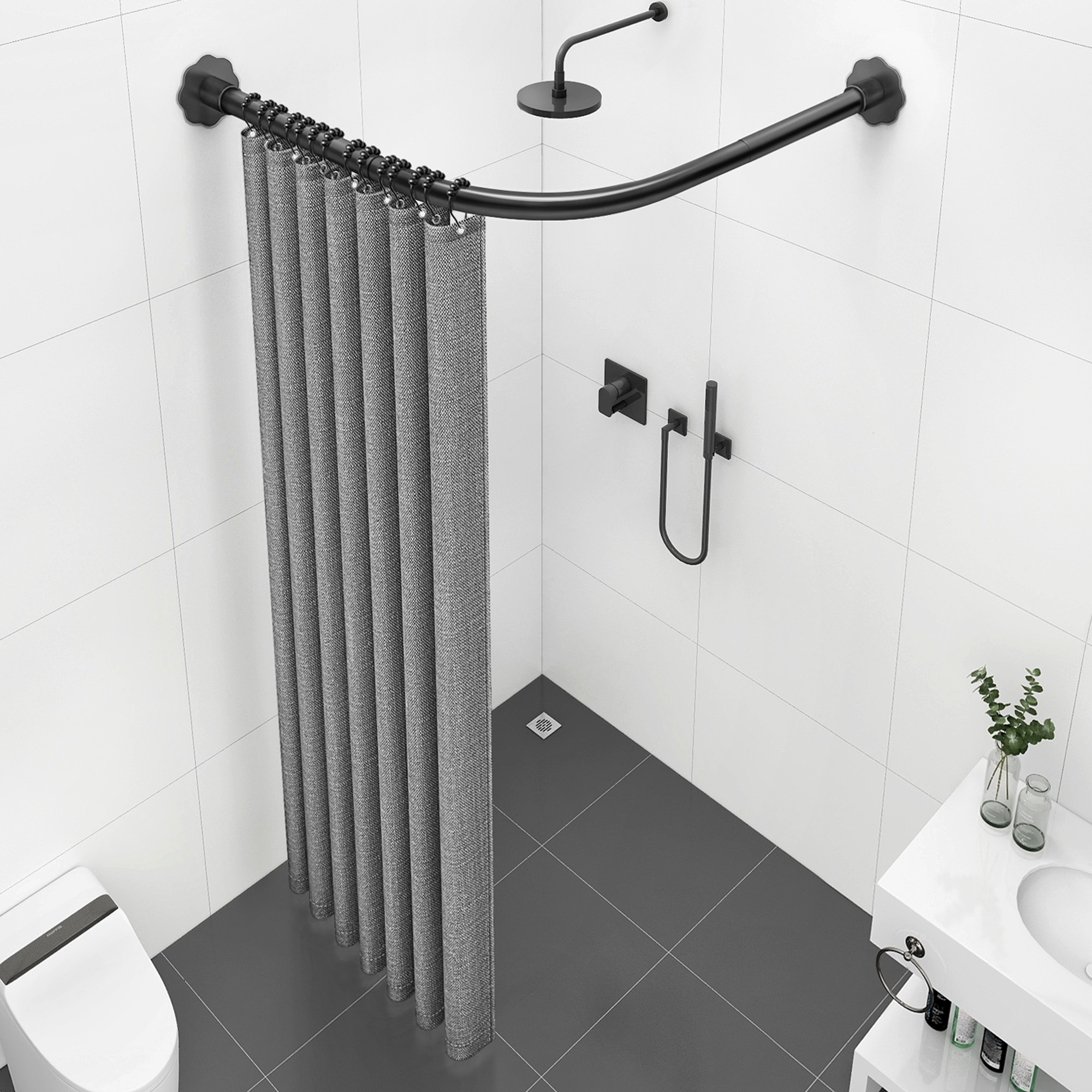 免打孔弧形杆卫生间防水布浴帘套装u型洗澡淋浴房隔断浴室挂帘子l