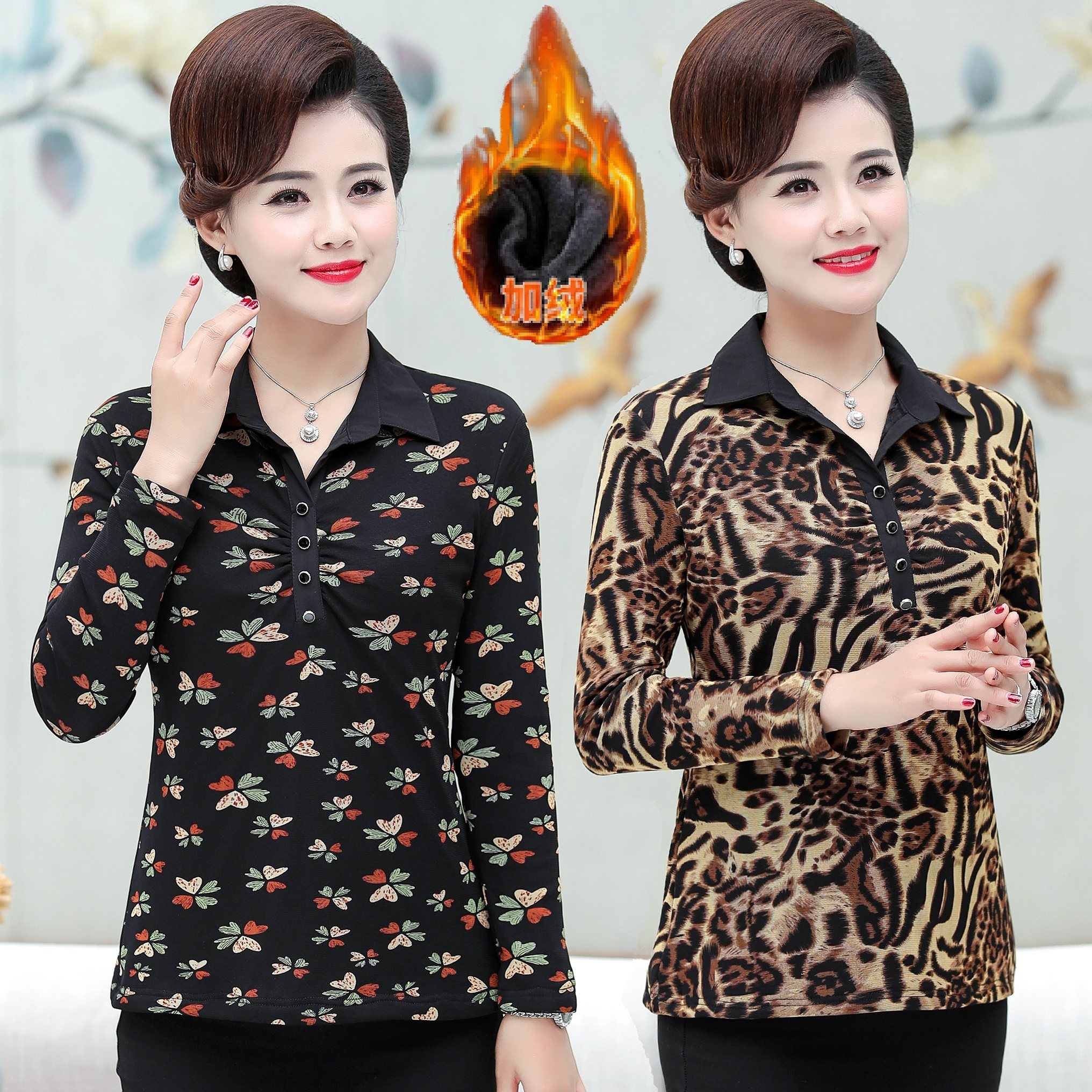 翻领_冬季新款中老年女装加绒打底衫女翻领长袖t恤衫妈妈保暖上衣大码