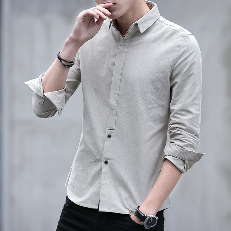 秋季男士長袖襯衫修身韓版加絨打底休閑保暖襯衣青年棉麻寸衫衣服