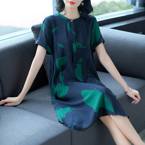 杭州丝绸女装真丝连衣裙夏2018新款大牌妈妈装桑蚕丝裙子特价清仓