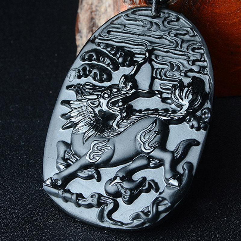 传奇天然黑曜石墨麒麟吊坠招财麒麟新款挂件男女款包邮