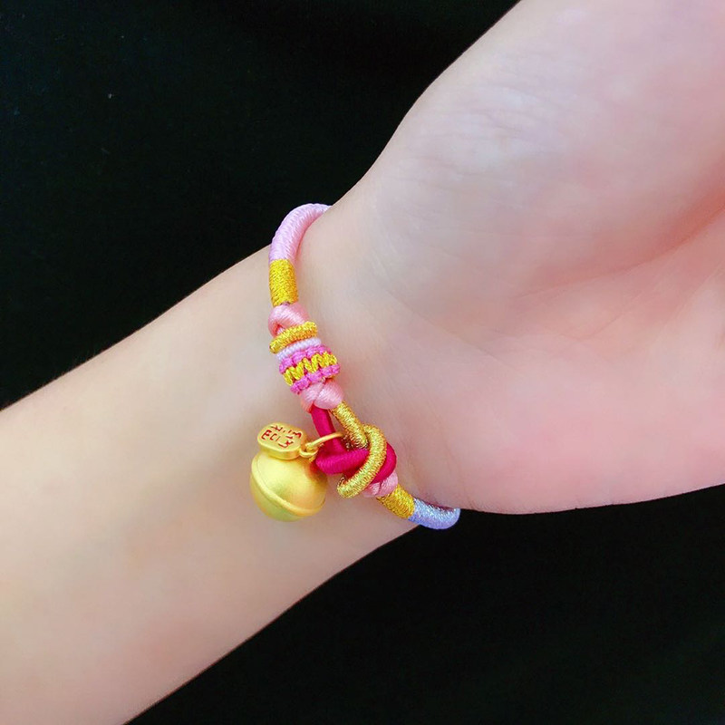 新款3d硬金招财纳福铃铛编绳手链女款足金999烤漆福牌吊坠送女友