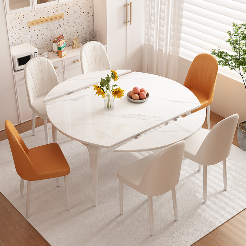 奶油风岩板餐桌伸缩折叠椅可变方圆两