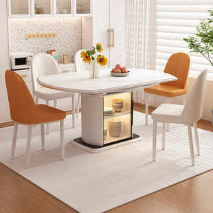 2024新款岩板餐桌小户型家用可变圆桌奶油风多功能储物伸缩餐桌椅