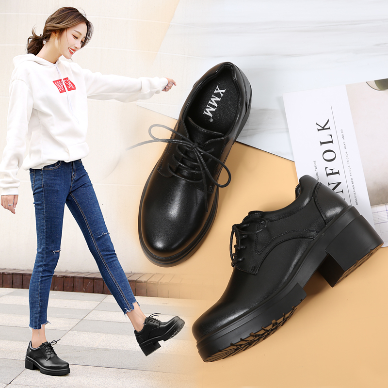 2017秋季新款加絨小皮鞋厚底學生韓版百搭高跟鞋單鞋鼕季粗跟女鞋