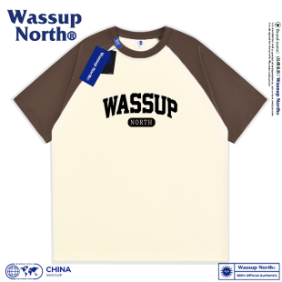 WASSUP NORTH纯棉拼色插肩袖短袖T恤男款潮牌2024夏季情侣款上衣