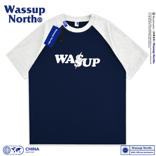 WASSUP NORTH纯棉圆领插肩短袖t恤男士夏季美式潮牌拼接撞色T恤衫