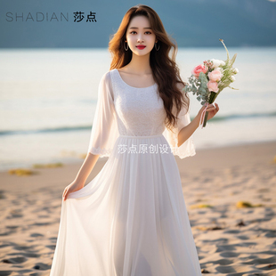 圆领连衣裙夏季新款女白色雪纺蕾丝裙到脚踝长裙海边度假沙滩裙