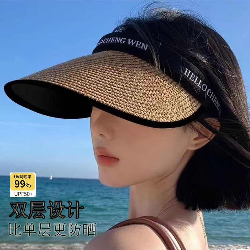 黑胶草帽遮阳防晒帽女夏季韩版百搭防紫外线空顶海边骑车太阳帽子