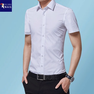 啄木鸟短袖衬衫男修身夏季薄款冰丝商务正装免烫休闲白色男士衬衣