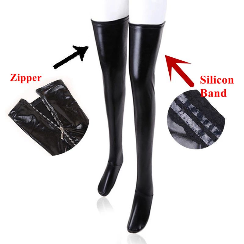 S-2XL Hot Nightclub Latex Zipper Sexy Stockings PU Leather S